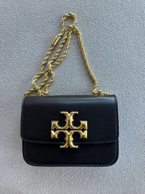 Tory Burch Black Leather Crossbody with Gold Logo Chain